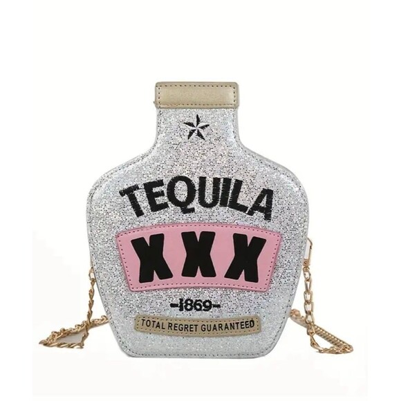 Sparkle Tequila Bottle Clutch Purse Silver Glitter Evening Bag 7x3x9 Inches - Picture 2 of 6